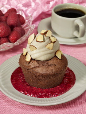 Devil's Food Cupcakes with Almond-Mocha Topping on Raspberry Sauce Devil's Food Cupcakes with Almond-Mocha Topping on Raspberry Sauce